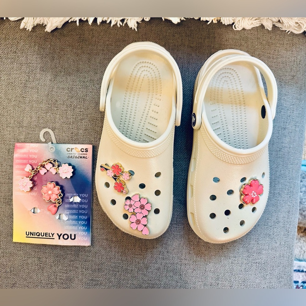 SOLD - CROCS - Cream with Cherry Blossom Jibbitz Charms